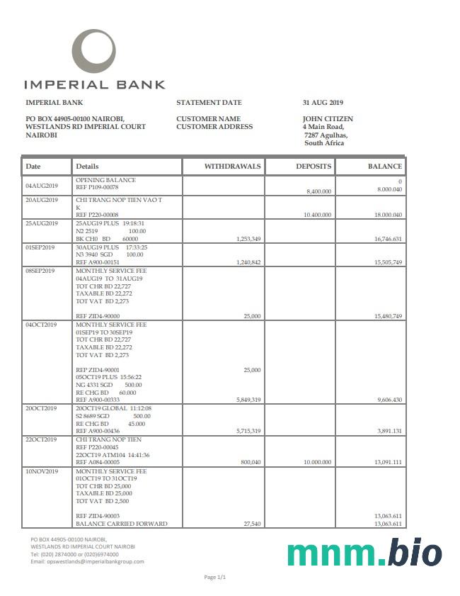 Republika Południowej Afryki Imperial Bank szablon w formacie excel pdf